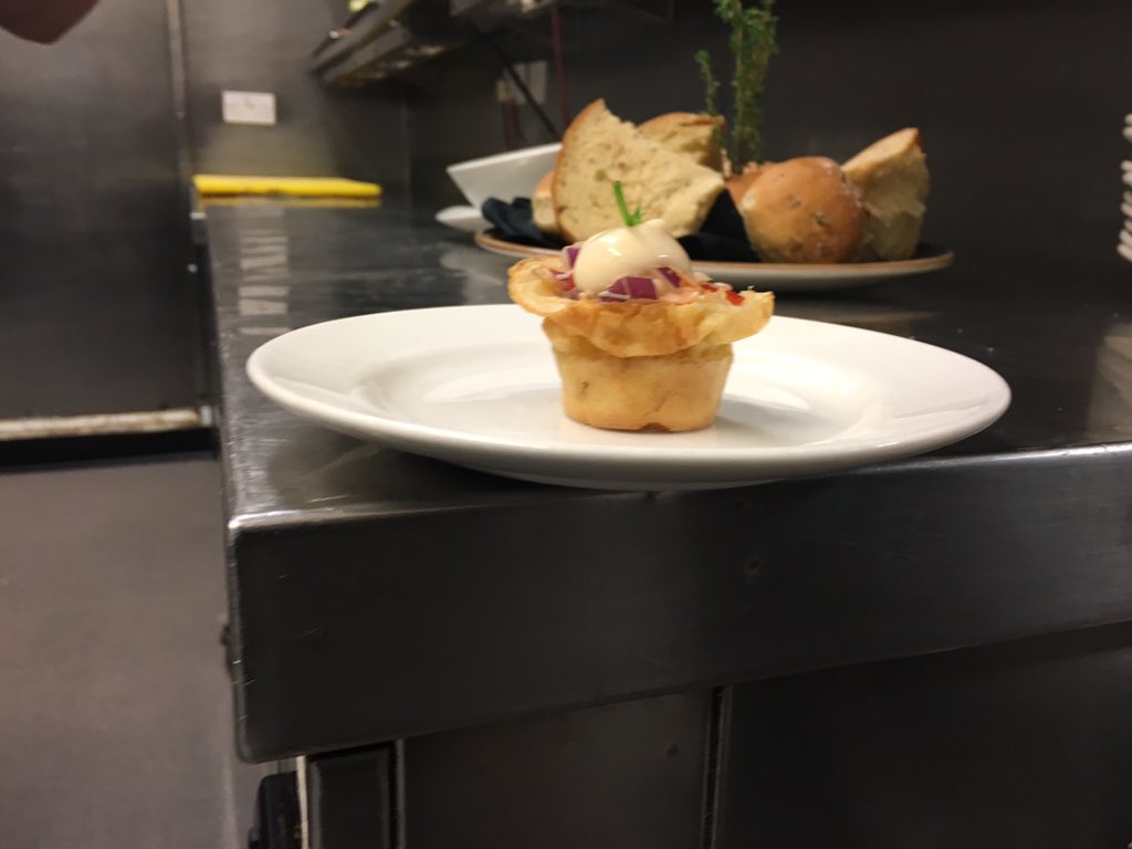 Salmon salsa salad with peashoot Mary rose in a Yorkshire pudding canapé mmmmmmmm