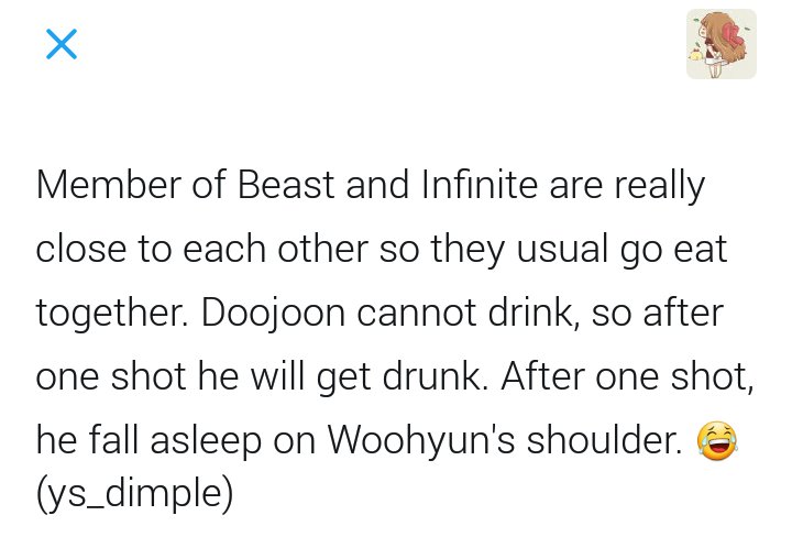 high10sion's tweet photo. Beastfinite friendship ❤
Doojoon cannot drink, so after one shot he will get drunk. After one shot, he fall asleep on Woohyun's shoulder. 😂😂 https://t.co/haDQ5blMqa