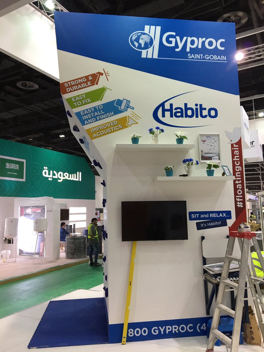 mogsmono's tweet photo. #revoloutionary #habito #climbingwall #floatingchair #haveago All ready to go! @GyprocME @saintgobain #drywall systems #Big5Exhibition https://t.co/u4bb1oYNLm