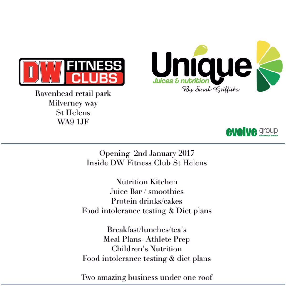 Unique_JN's tweet photo. Opening 2nd January 2017 inside @dwsportsfitness St. Helens ๐ #juicebar #nutritionfood #mealpreps #ProteinShakes #proteincakes #RT ๐ https://t.co/SLU7UFzKVC