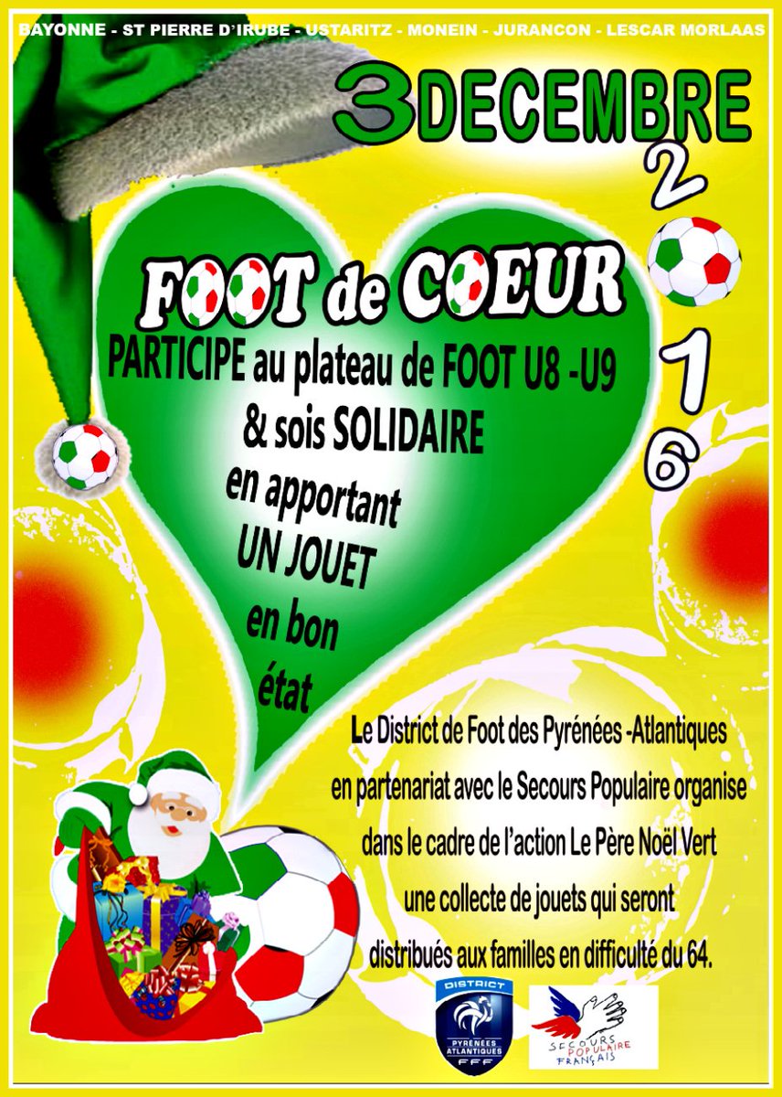 vuesurpyrenees's tweet photo. #foot de coeur 2016
le 3 décembre #bayonne #lescar #jurançon #solidaire #Noel2016 #paysabsque #Bearn @SecoursPop
https://t.co/fpVuAbypc1 https://t.co/qyJoP4gx2L