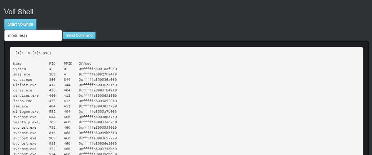 KevTheHermit's tweet photo. Started adding @volatility volshell to the #VolUtility webui. Interact with a volshell and store in a session for re use later. https://t.co/lv6rgIkLXI