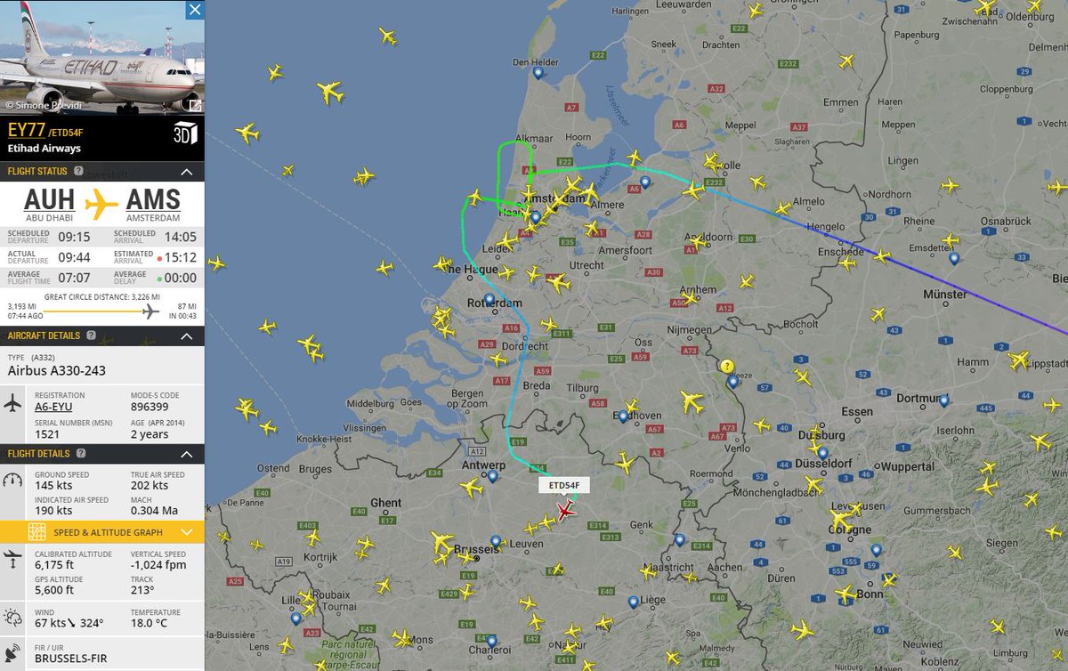 NikPhillips666's tweet photo. Etihad #EY77 unable to land at Amsterdam and diverting to Brussels https://t.co/LEZYhJ8HEj