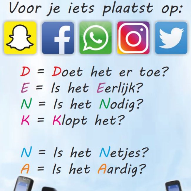 In het kader van #mediawijsheid wordt het bijgaande plaatje op scholen verspreid. Wmbt mogen sommige volwassenen deze ook bestuderen ;-)