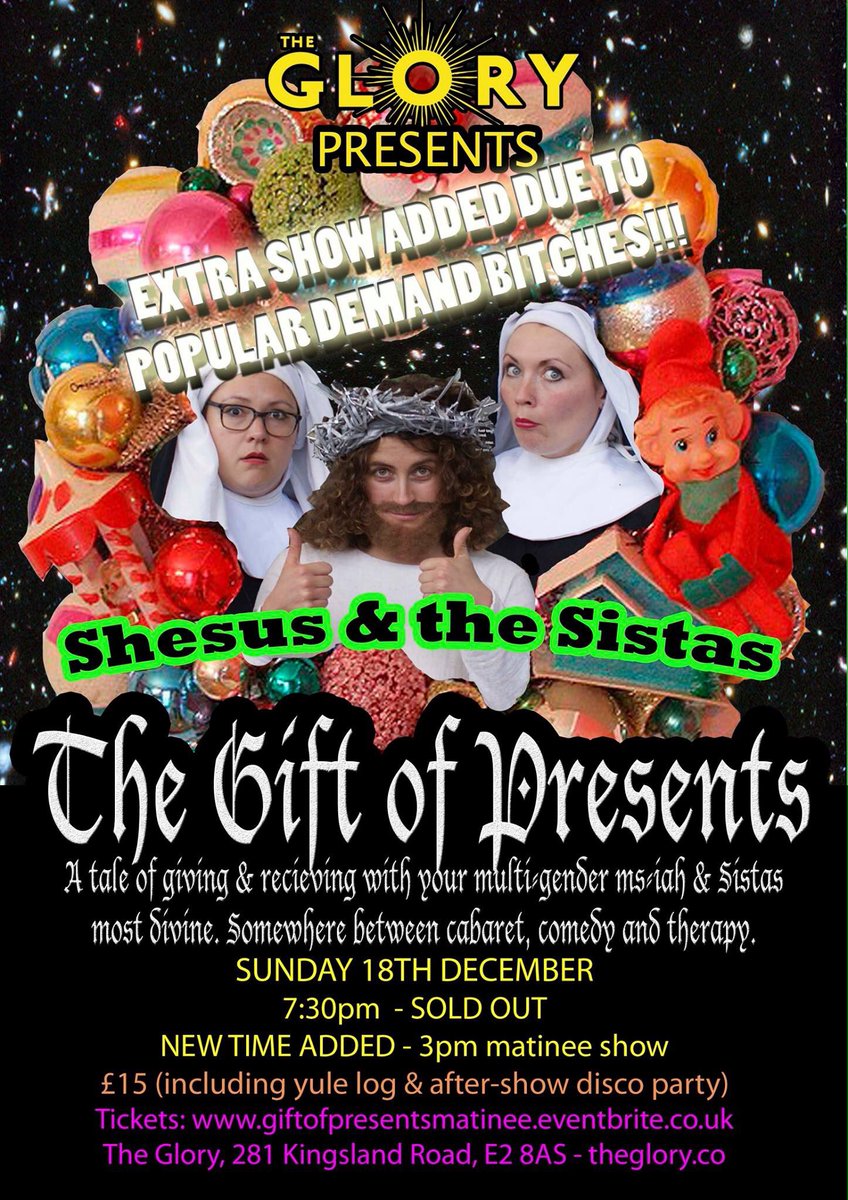Shesusnsistas's tweet photo. We sold out the evening so we've added a MATINEE SHOW @TheGloryLondon 3pm. Come get your baubles polished before Christmas #giftofpresents https://t.co/fxtN3M3iqa
