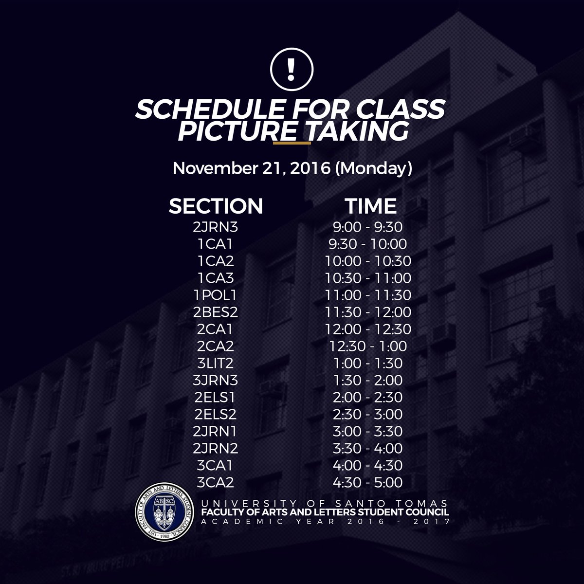 ust_absc's tweet photo. Re: Schedule for Class Picture Taking 

Please be guided accordingly, Artlets.
Source: Dean's Office; SMS; November 20, Sunday.

(1/2) https://t.co/rkGXktghkM