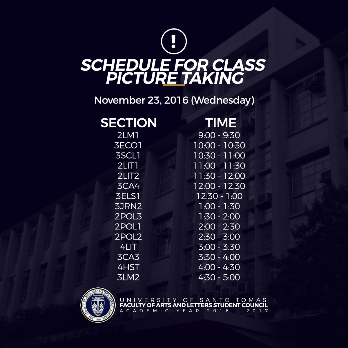 ust_absc's tweet photo. Re: Schedule for Class Picture Taking 

Please be guided accordingly, Artlets.
Source: Dean's Office; SMS; November 20, Sunday.

(1/2) https://t.co/rkGXktghkM