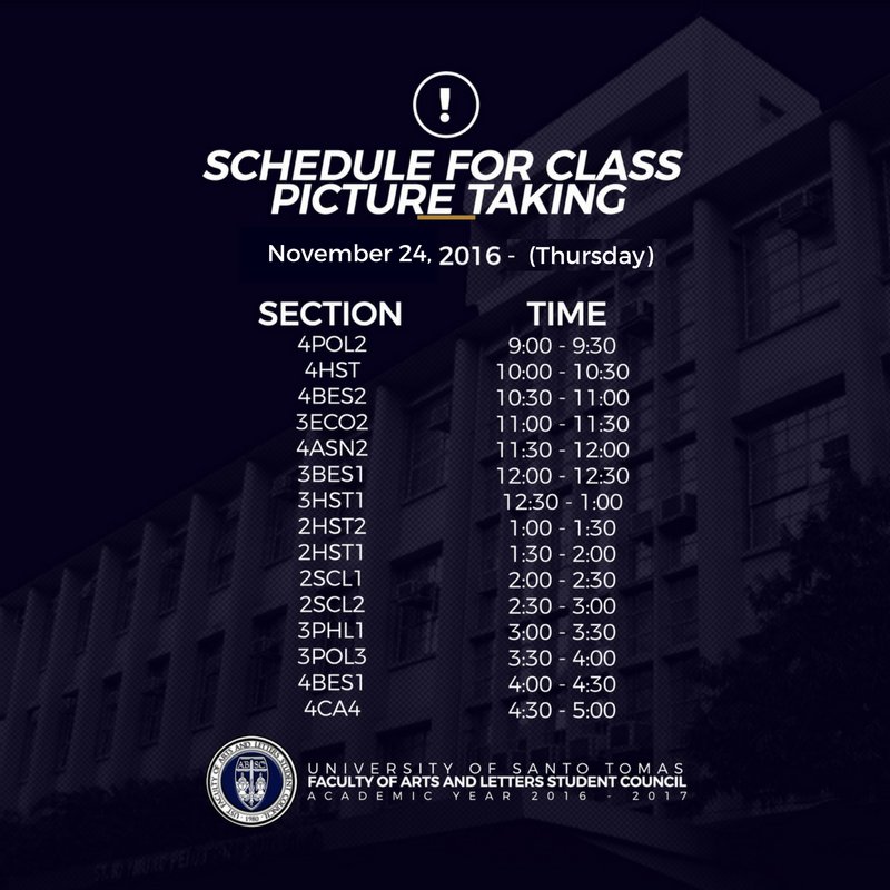 ust_absc's tweet photo. Re: Schedule for Class Picture Taking 

Please be guided accordingly, Artlets.
Source: Dean's Office; SMS; November 20, Sunday.

(1/2) https://t.co/rkGXktghkM