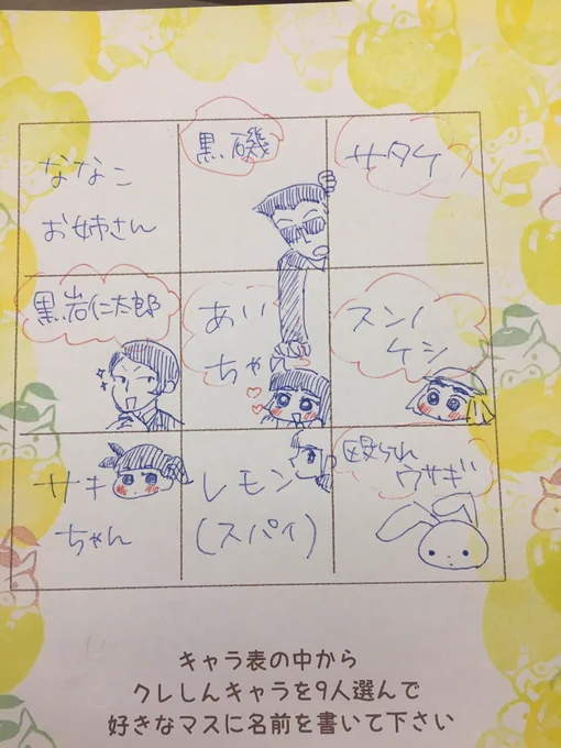 ビンゴの紙色々落書きした サキちゃんの髪短いな 