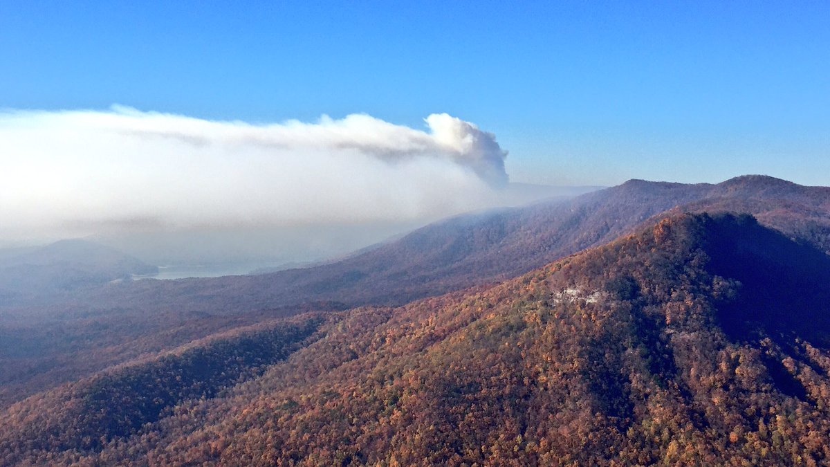 View of #PinnacleMountainFire from Caesars Head State Park. Lake visible on left is Table Rock Reservoir