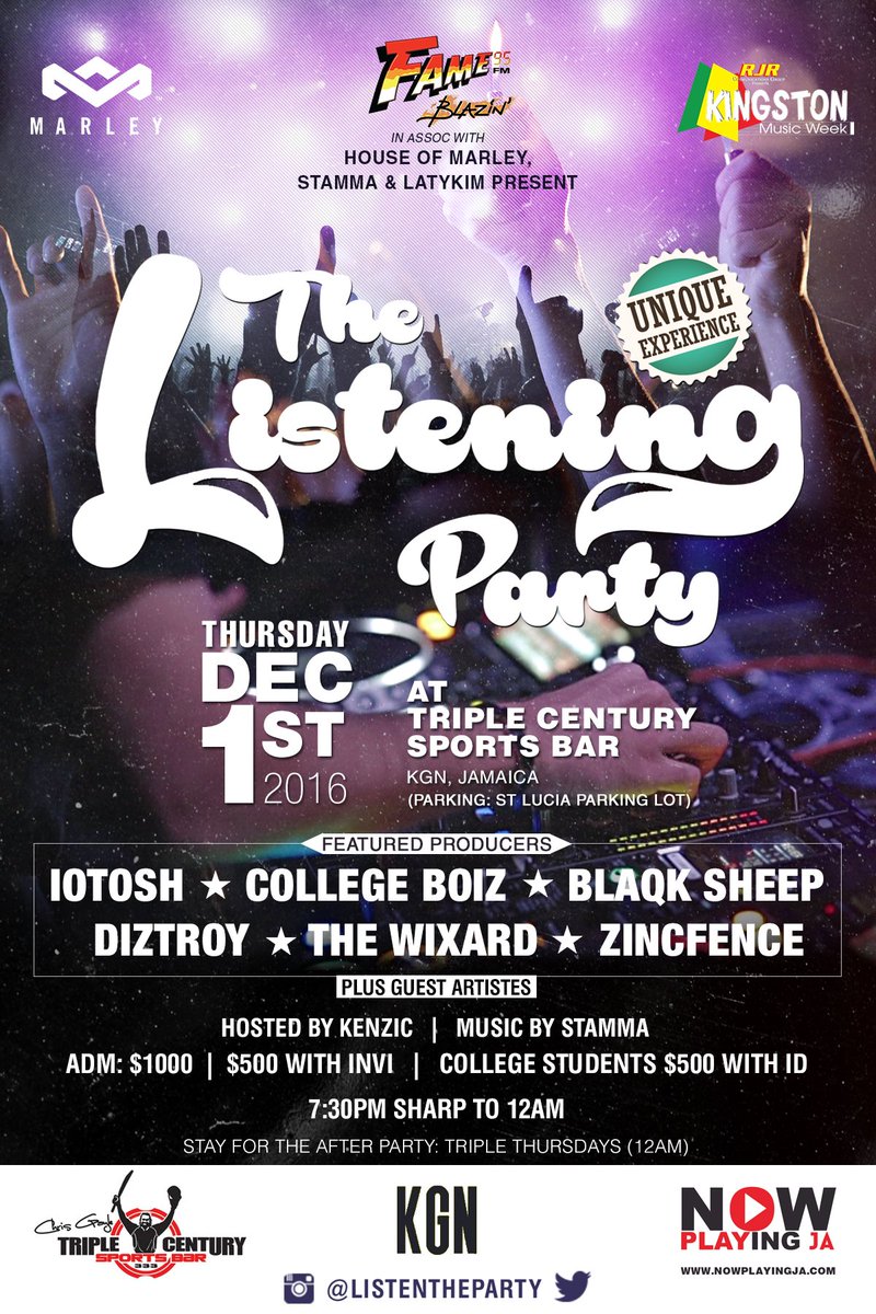 listentheparty's tweet photo. DEC 1ST! #SaveTheDate Featured Producers IOTOSH ★ COLLEGE BOIZ ★ BLAQK SHEEP ★ DIZTROY ★ THE WIXARD ★ ZINCFENCE  #Jamaica #ListenTheParty https://t.co/n4tZ2MMSKN