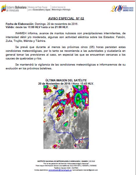 INAMEH's tweet photo. #Ahora #InamehInforma Aviso Especial Nº02-Domingo 20/11/2016 valido hasta las 21:00 HLV. https://t.co/rkgnlhUTDo