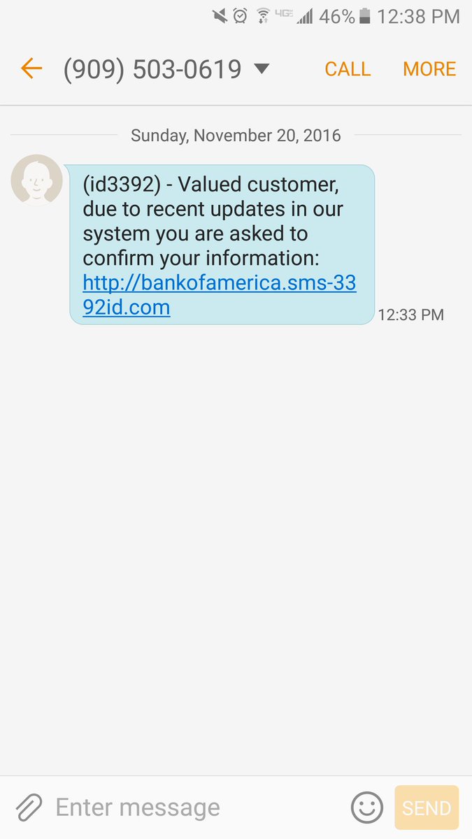 mskimmyd85's tweet photo. Sure, this text message seems SUPER legitimate. @BankofAmerica... #ScammerFail https://t.co/TZfVMiTQbn