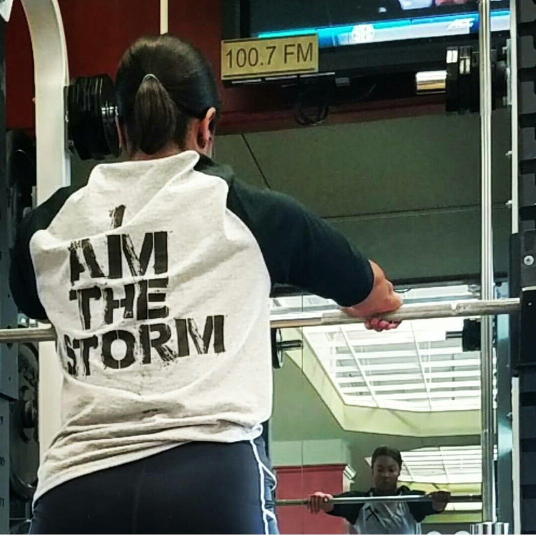EOEBrand's tweet photo. @msbarbellbarbie sporting her @eoeapparel "storm" shirt. She's prepping for her next powerlifting meet, and she says, a storm is coming!! https://t.co/aJmHOfMrss