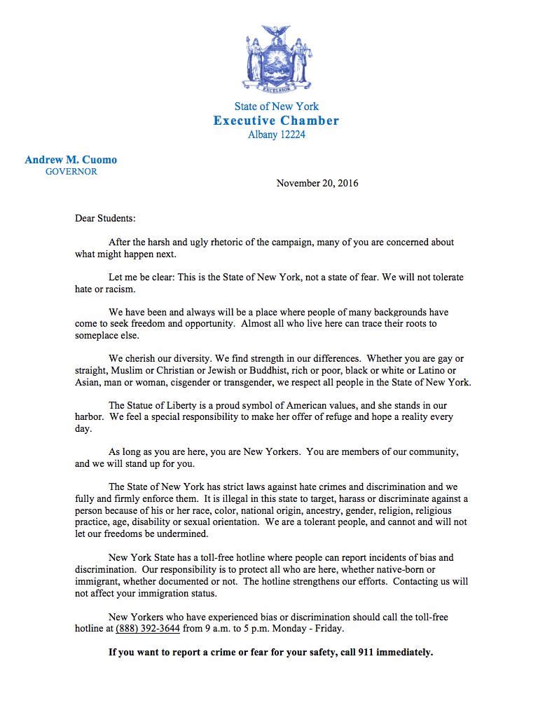NYGovCuomo's tweet photo. This is the State of New York, not a state of fear. We will not tolerate hate or racism. 

My letter to NY students: https://t.co/xIgnE3OnL7 https://t.co/Ra8My0ZJxb