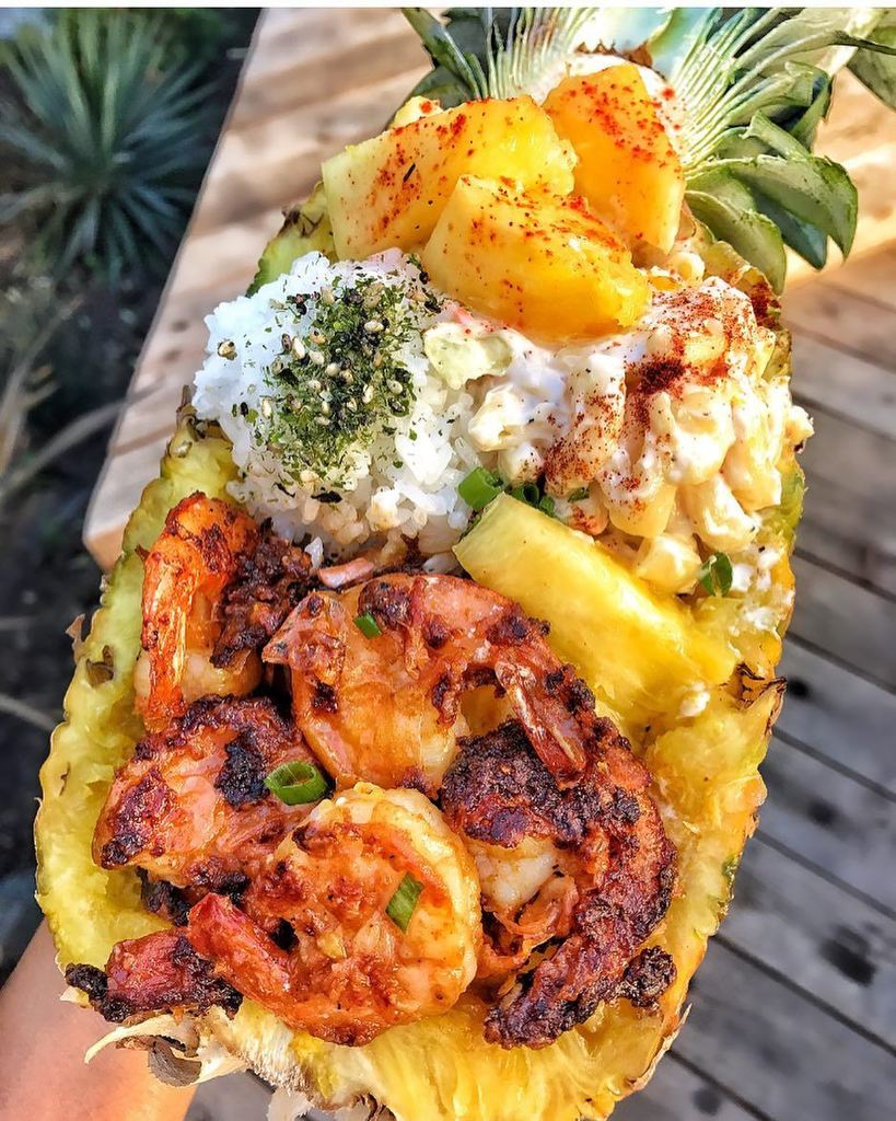 Los Angeles Eats On Twitter Garlic Butter Shrimp In Pineapple Boat From Eatshrimpdaddy Hawaiian Garlic Butter Shrimp W Mac Salad Rice Pin