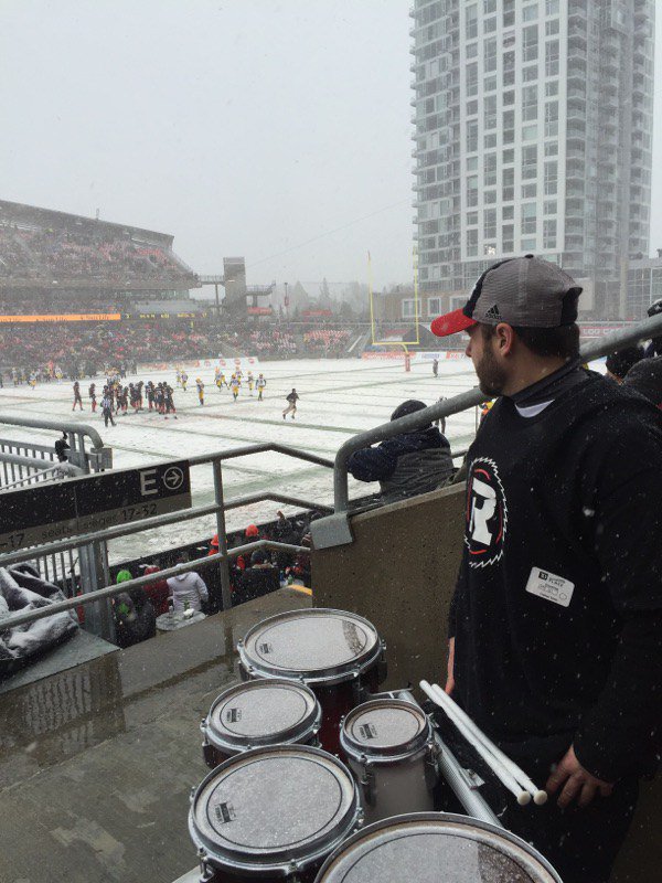 HitmenDrumline's tweet photo. Performing in the snow @TD_Place @REDBLACKS @CFL #Playoffs  
#drumline #entertainment #football https://t.co/7o4nVrkAlP