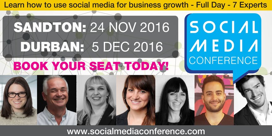 Catch SA's top social media speakers at SMC <a href="/socialconza/">Social Media Confere</a> in Sandton on 24 Nov  &amp; Durban on 5 Dec - Tickets: buff.ly/2gk2Q3k