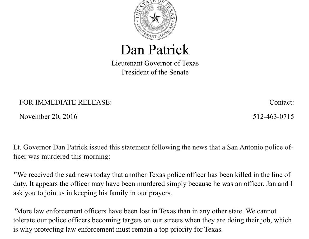 DanPatrick's tweet photo. Lt. Gov. Dan Patrick statement on the shooting of a SA police officer #txlege https://t.co/Nzl3cm3vOb
