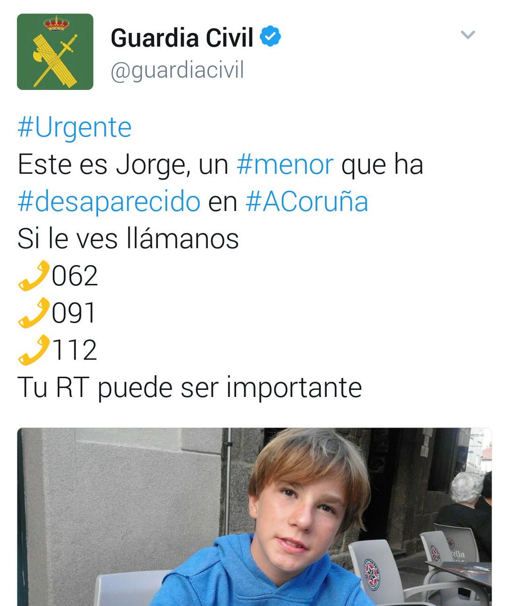 David10Nieto's tweet photo. Desaparecido en Coruña Jorge, 11 años. 
Quien tenga información avisar a @guardiacivil @policia o a su hermano @JaviMaro_
Compartir porfavor https://t.co/ZWjClTL4Ky