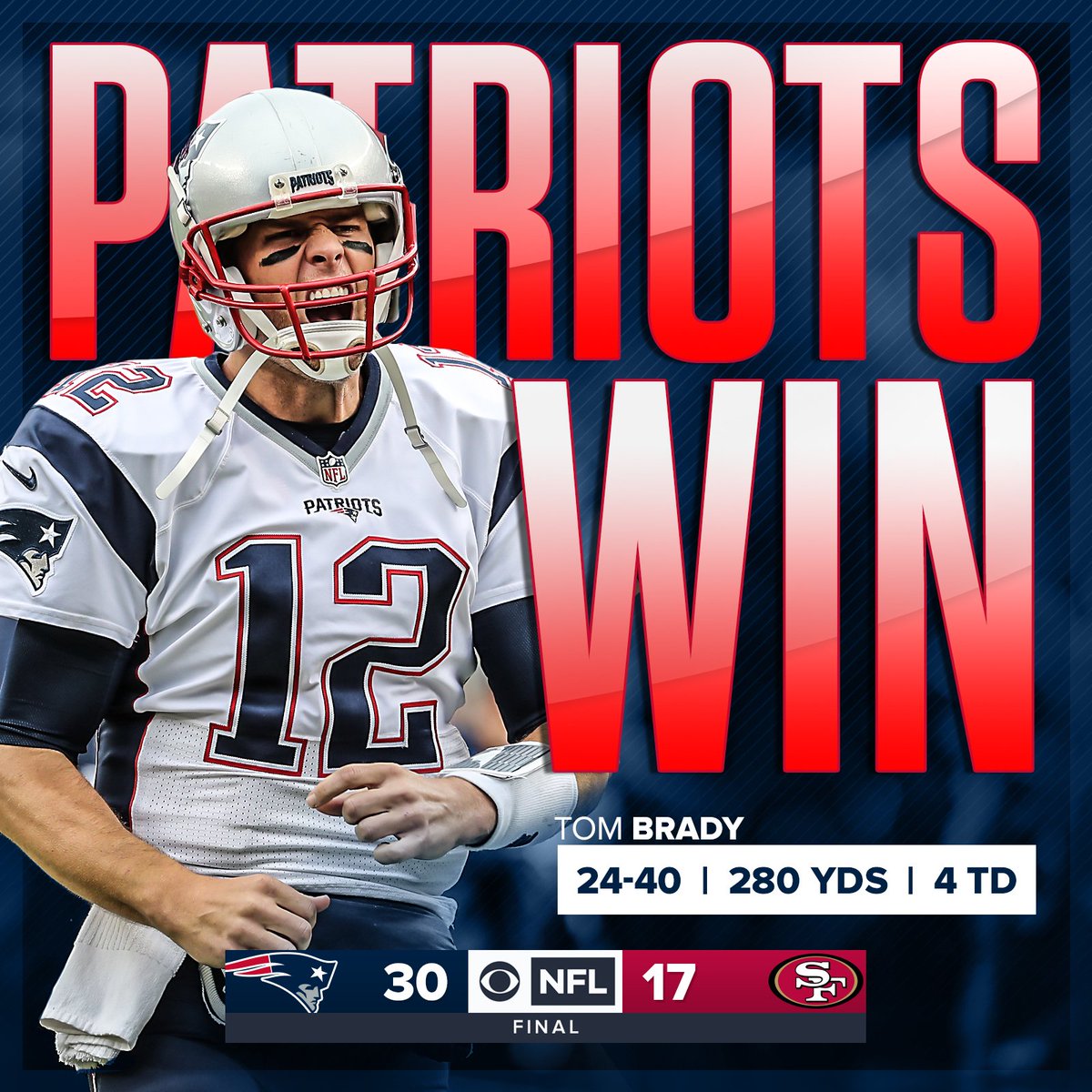 NFLonCBS's tweet photo. Tom Brady returns to his hometown and delivers the win. https://t.co/YZMlSodDuT