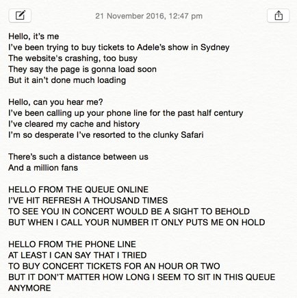 indigoyouths's tweet photo. I wrote a lil something about trying to buy @Adele tickets while waiting in the queue @Ticketek_AU #adele #ticketek #parody #hello #sydney https://t.co/EGLYiDjSNi