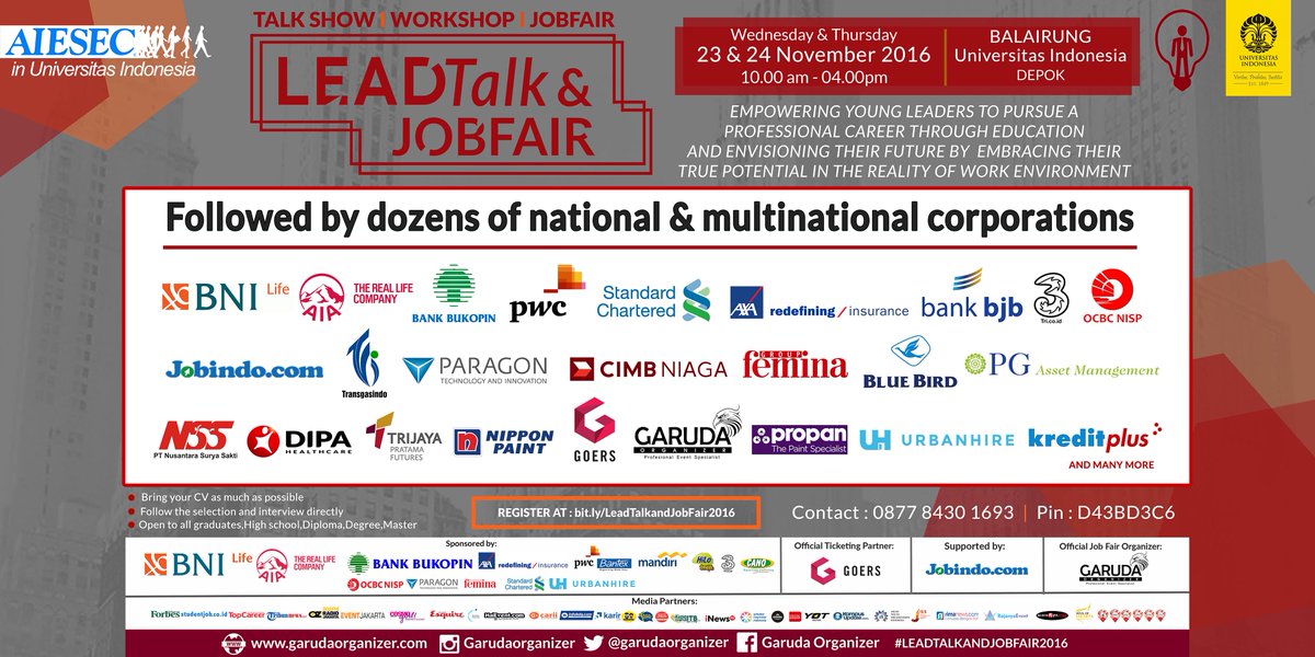 Ayo kunjungi Bursa Kerja dan seminar LEAD TALK &amp; JOB FAIR di balairung UI 23-24 November 2016 info: 087784301693 <a href="/infodpk/">All About Depok</a>