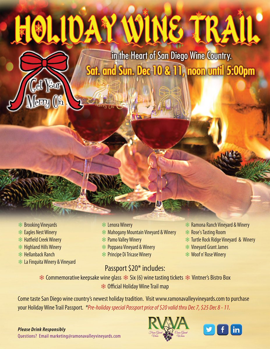 RVVAMarketing's tweet photo. Sat/Sun, Dec 10,11. Holiday Wine Trail in heart of San Diego County~Get Your Merry On~Info &amp; passport available at https://t.co/1zEtebaLoK https://t.co/4Csoyt6fNk