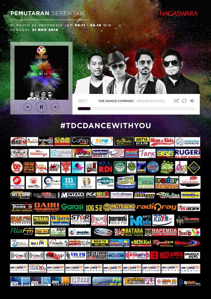 #NOW Pemutaran Serentak <a href="/tdc_band/">The DANCE COMPANY</a> "DANCE WITH YOU" <a href="/Pro2Bengkulu/">RRI Pro2 Bengkulu</a> (((112 Radio Indonesia)))

#tdcdancewithyou