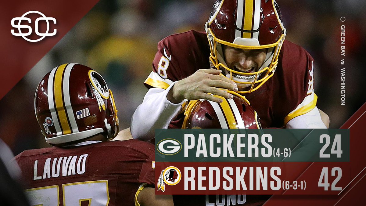 SportsCenter's tweet image. YOU LIKE THAT?!

Kirk Cousins throws for 375 yards and 3 TD to lead Redskins in big win over Packers.