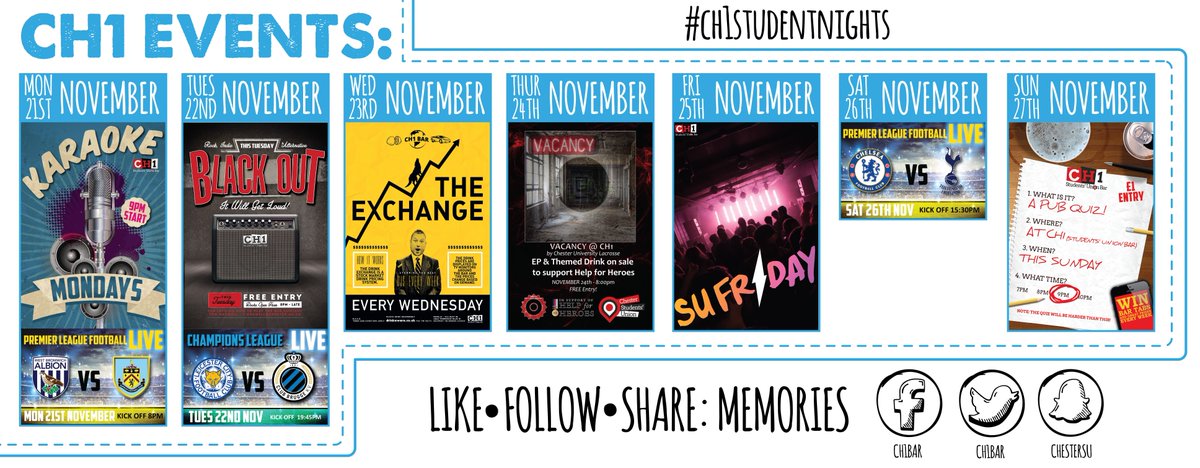 This week in #CH1Bar...#KaraokeMonday #LIVEfootball #Blackout #TheExchange
#Vacancy - <a href="/UoCLacrosse/">University of Chester Lacrosse</a> #SUfriday #SUquiz #CH1studentnights