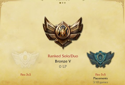 TheJudgements's tweet photo. @RiotSupport How come I won 9 placement games in ranked solo/duo and get placed in Bronze 5? 9 of my games I got an S. I dont understand :( https://t.co/WRq9uTXVmE