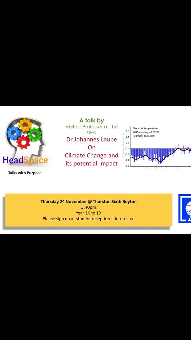 The next Headspace event at @ThurstonSixth Beyton Campus Thursday 24th Nov 3:40pm a talk on Climate Change by Dr Johannes Laube
