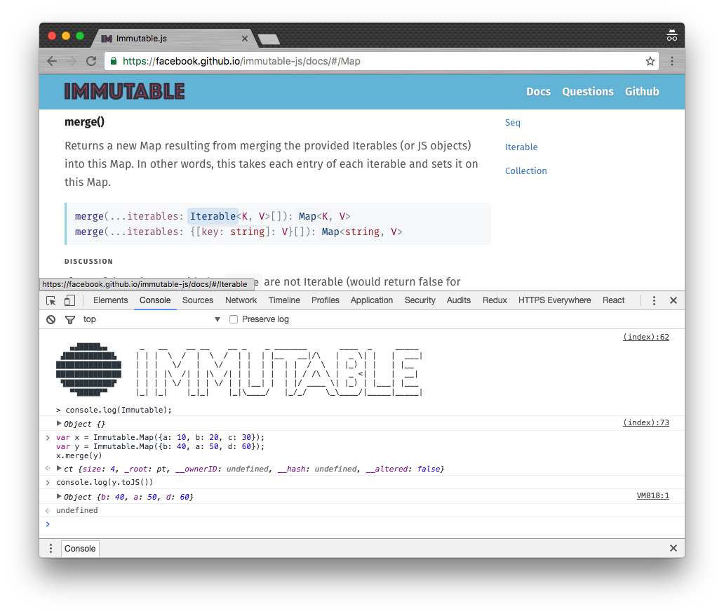 chernando's tweet image. If you want to play with #ImmutableJS on the docs page just open Console 👍