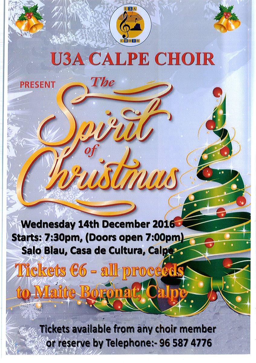 TurismoCalp's tweet photo. Miércoles 14 a las 19.30h en el Saló Blau. U3A Calpe Choir: "The spirit of Christmas" Entrada: 6€ #música #Calpe https://t.co/p9rq1aKv1Z