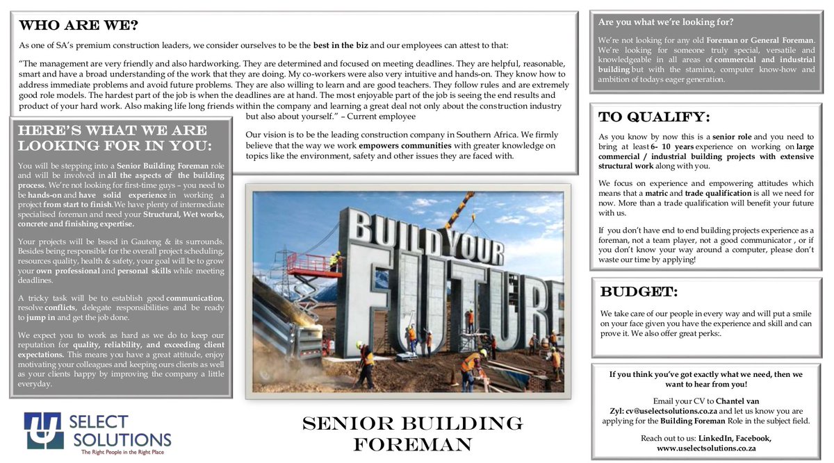 U_Select's tweet image. Senior Building Foreman with experience in Large Industrial &amp;amp; Commercial Buildings - Send your cv to cv@uselectsolutions.co.za #Buildings