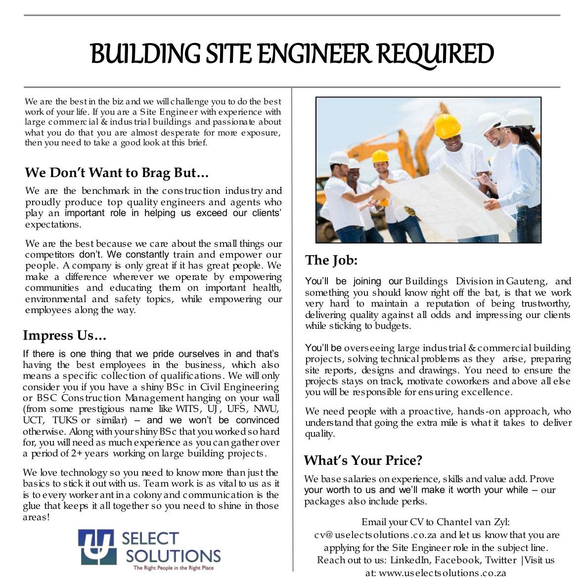 U_Select's tweet image. On the hunt for exceptional Site Engineers! #gauteng #construction #jobsearch #careers #engineer #JobSeekersSA