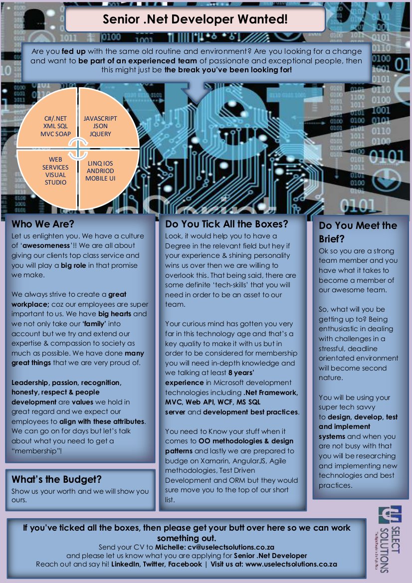 U_Select's tweet image. Looking for Senior .Net Dev Guru&apos;s to working on exciting top end development projects.#Dotnet #development #Jobs