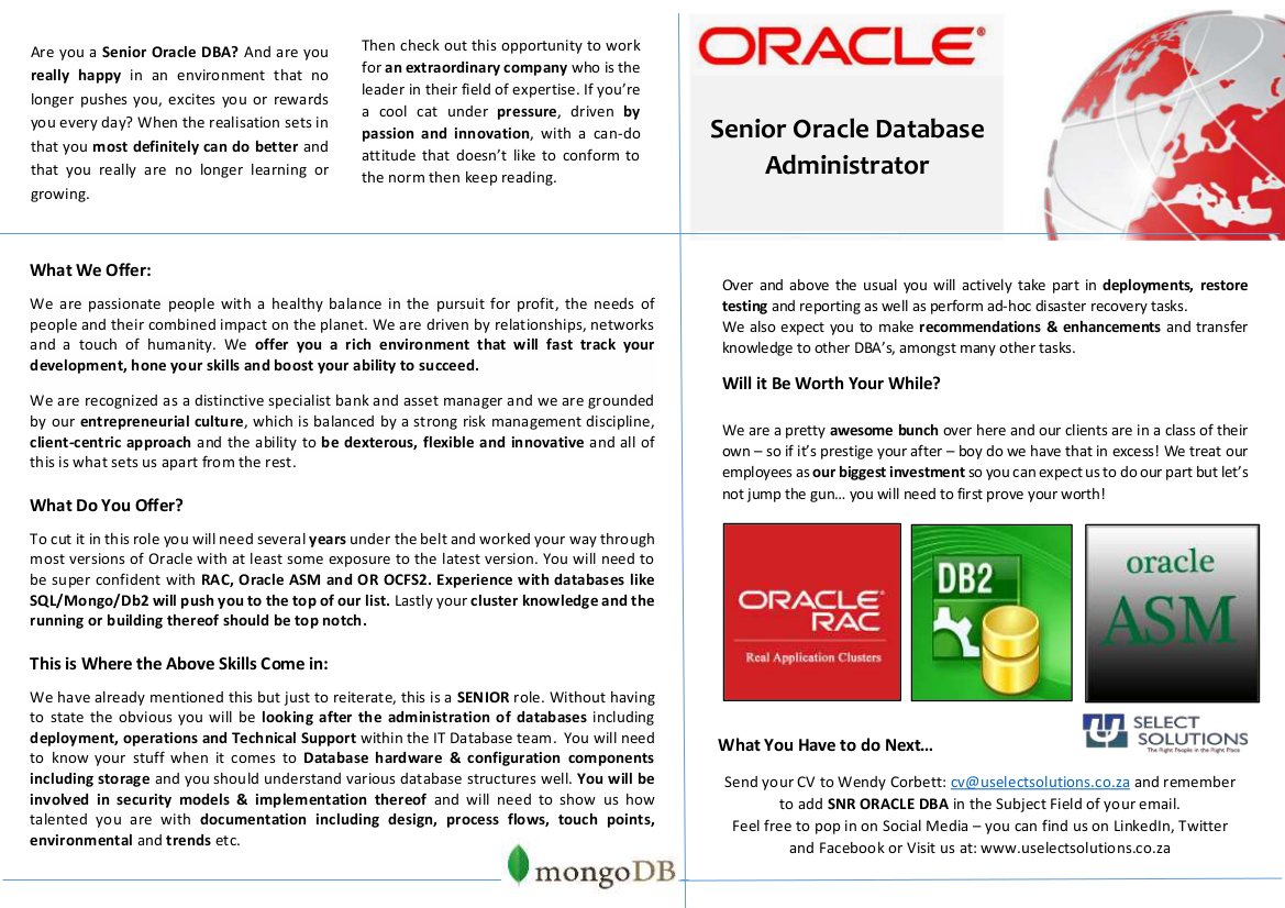 U_Select's tweet image. A once in a life time Senior Oracle DBA career opportunity has come available. #oracle #database #jobsearch #uselectsolutions