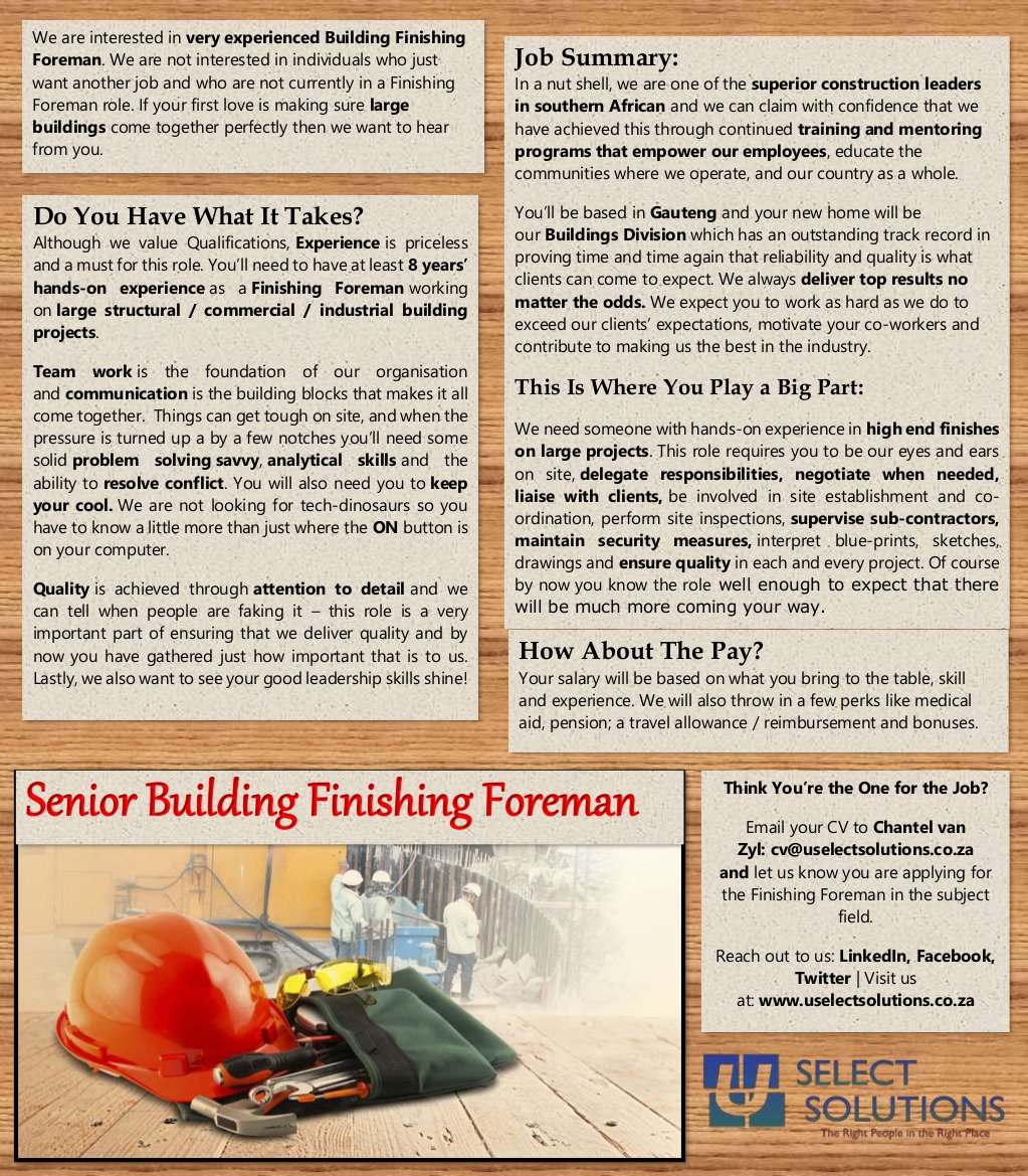 U_Select's tweet image. We are looking for Senior Finishing Foreman with experience in exceptional finishes on large commercial buildings. #Construction #Buildings