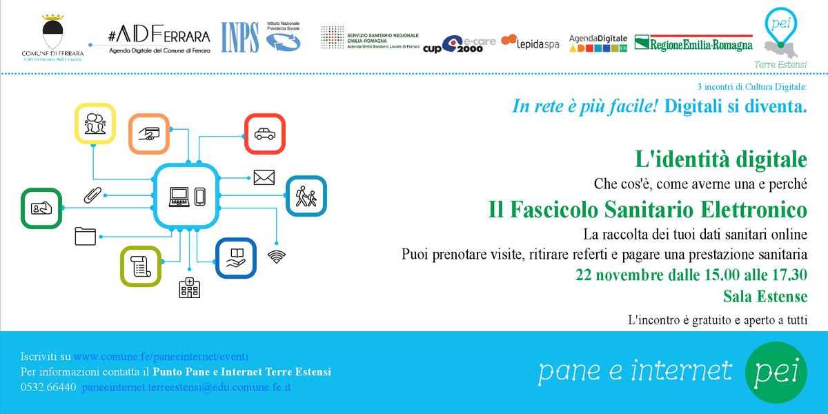 ComuneDiFerrara's tweet photo. Incontro gratuito su identità digitale e Fascicolo Sanitario Elettronico. Martedì 22/11 dalle 15 alle 17 https://t.co/CBiiHEM4MQ #ADFerrara https://t.co/unkYaVkZoy