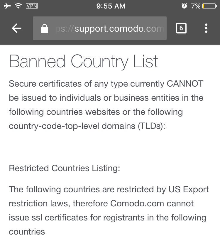 mrphs's tweet photo. Friendly reminder: Comodo *still* doesn't think these countries and their citizens need the most basic online security. #headesk https://t.co/4QCS3Tw75s
