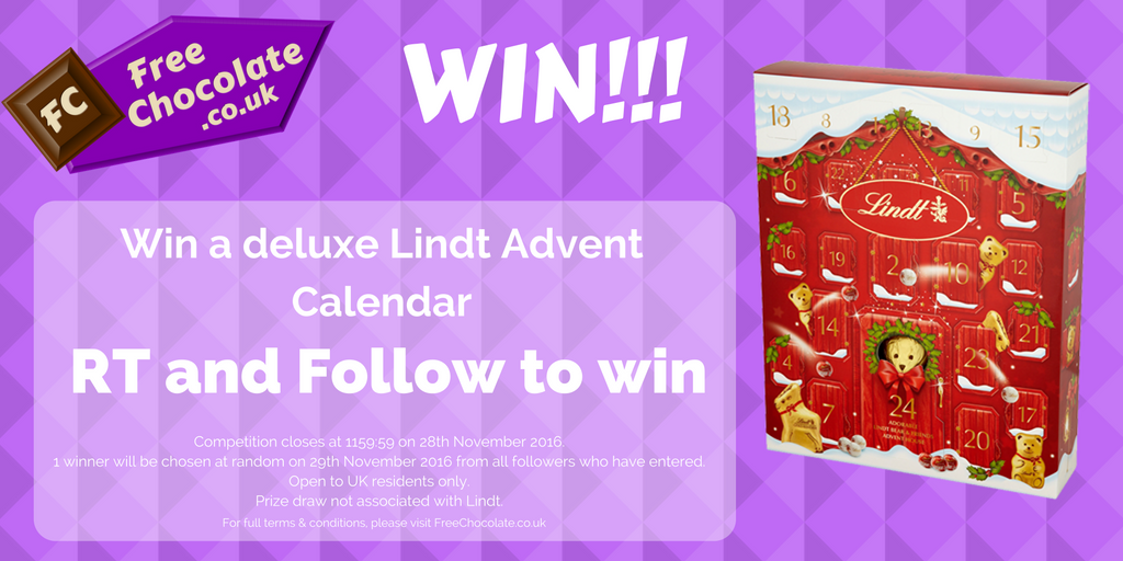 FreeTreatsUK's tweet photo. #Win a #FREE @LindtUK #AdventCalendar. Simply #RT &amp; #Follow to enter. #comp #competition #prize #chocolate #giveaway Closes 28/11/16 https://t.co/gpQ1RLT4nI