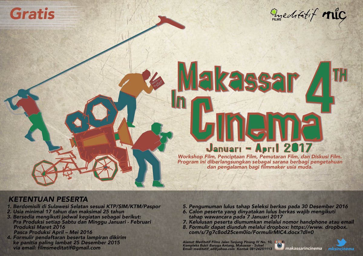 Halo filmmaker sulsel, Makassar In Cinema 2017 resmi dibuka hari ini. Silakan unduh formulir pendaftaran di dropbox.com/s/7g7c8od25cem…
cx?dl=0