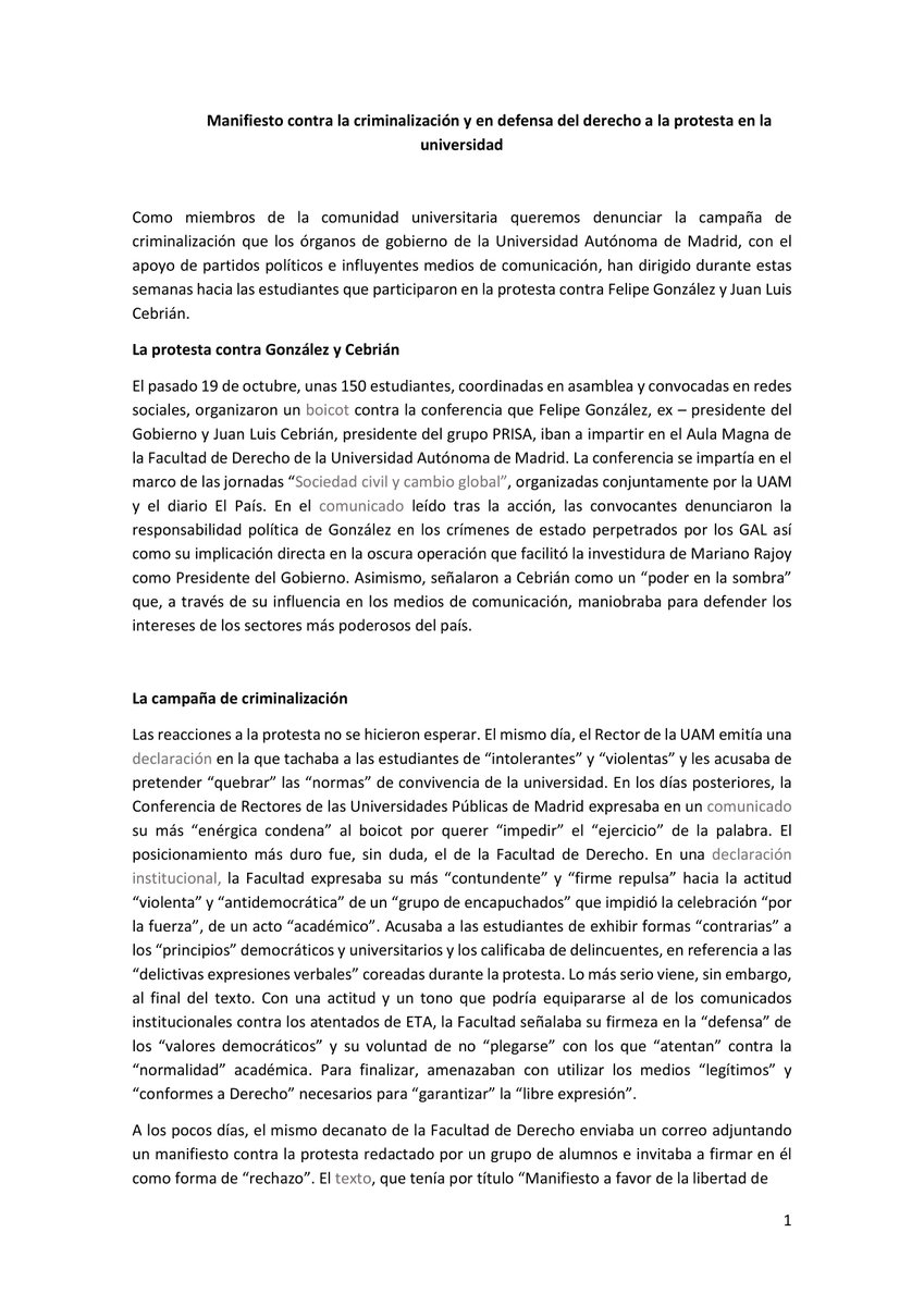 DchoAlaProtesta's tweet photo. Manifiesto de la Plataforma Contra la Criminalización y Por el Derecho a la protesta en la universidad pública. #StopCriminalización https://t.co/rQF66yO8sv