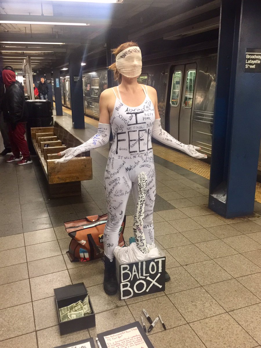 lottiewillis's tweet photo. Political demonstration on the #subway. I feel ________ #BuskOut #LindsayKatt #nyc #performanceart https://t.co/FDOqa3kbow