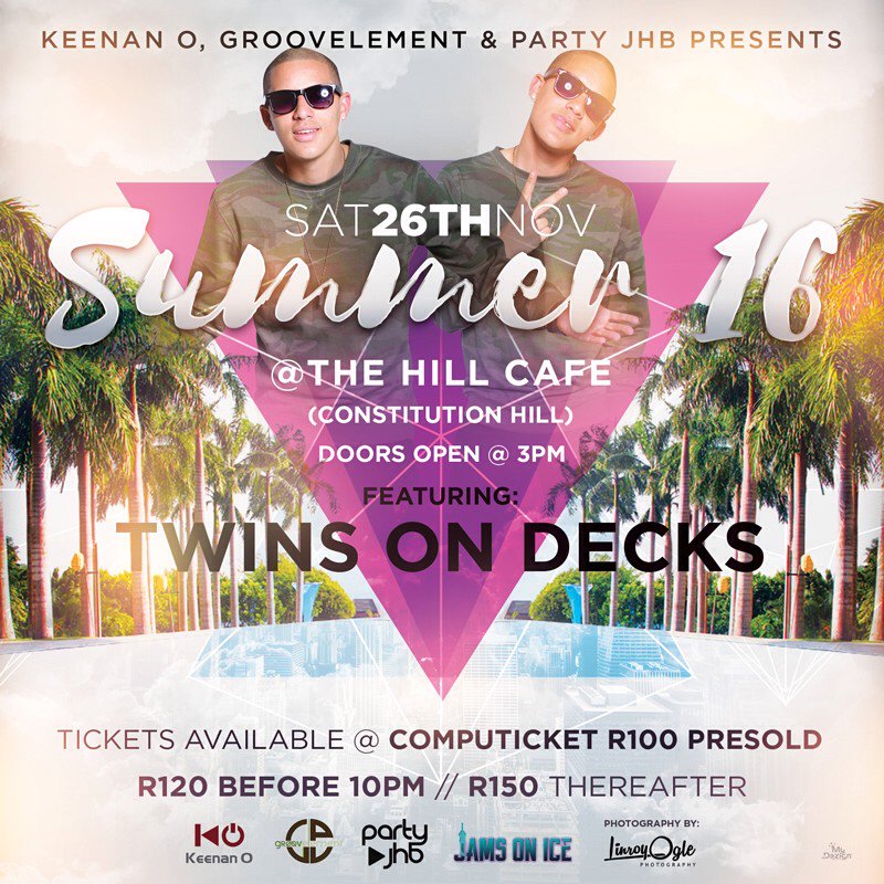 GroovElement_SA's tweet image. Catch @Twinsondecks out at #Summer16 - Tickets @Computicket