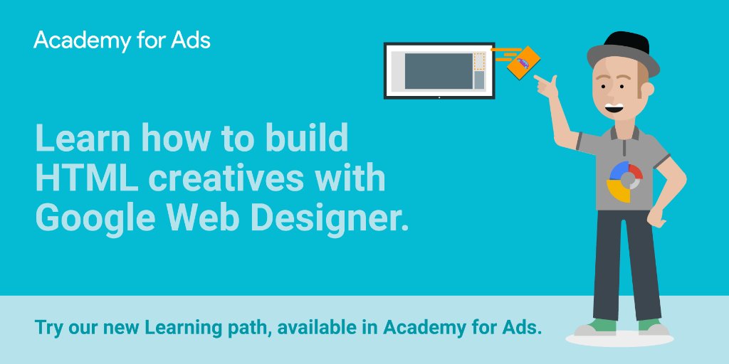 GoogleAds's tweet image. Learn how to build HTML5 creatives with Google Web Designer. Try our new Learning path, available in Academy for Ads goo.gl/bqJony