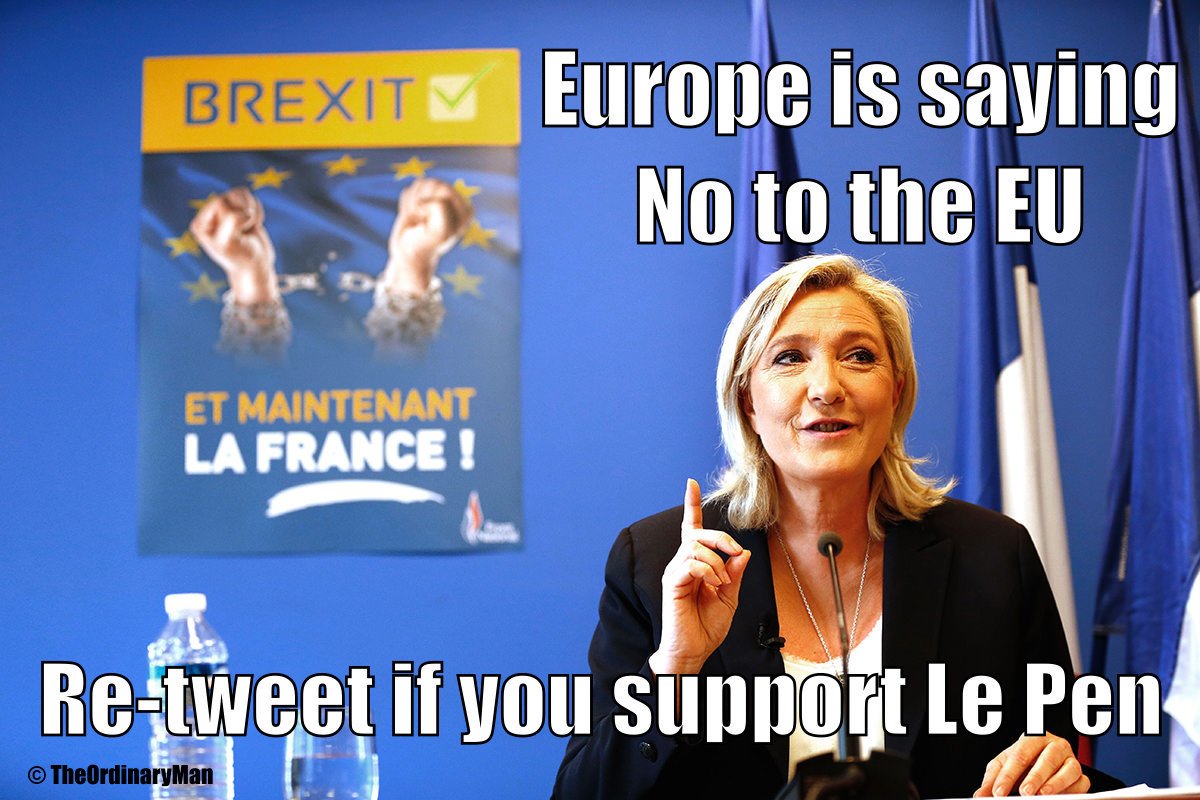 FabioNgngstPer's tweet photo. #Europe is saying #N02EU
We support French &amp; #LePen!
@MLP_officiel #ViveLeFrexit #Frexit #Brexit #Italexit #Nexit Tweet by @theordinaryman2 https://t.co/uzfez1Zrsb
