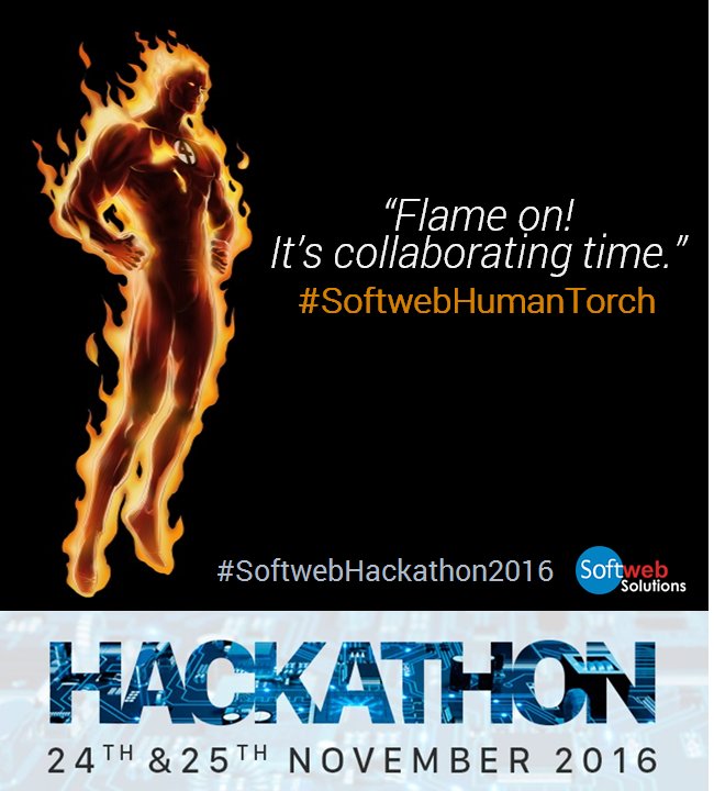 ImAjaykumar's tweet image. “Flame on! It’s collaborating time.” Team #SoftwebHumanTorch is getting ready for #SoftwebHackathon2016